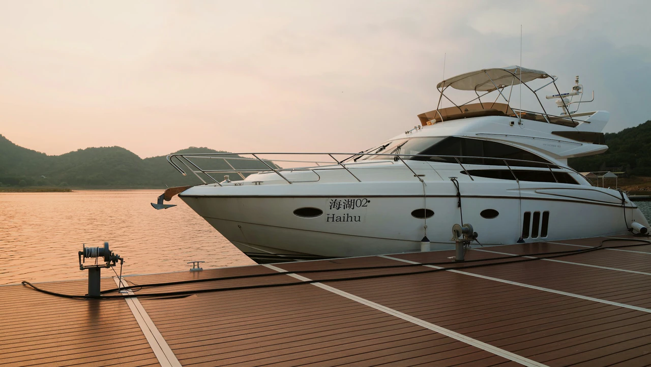 Motor yacht at a marina, illustrating yacht charter context.